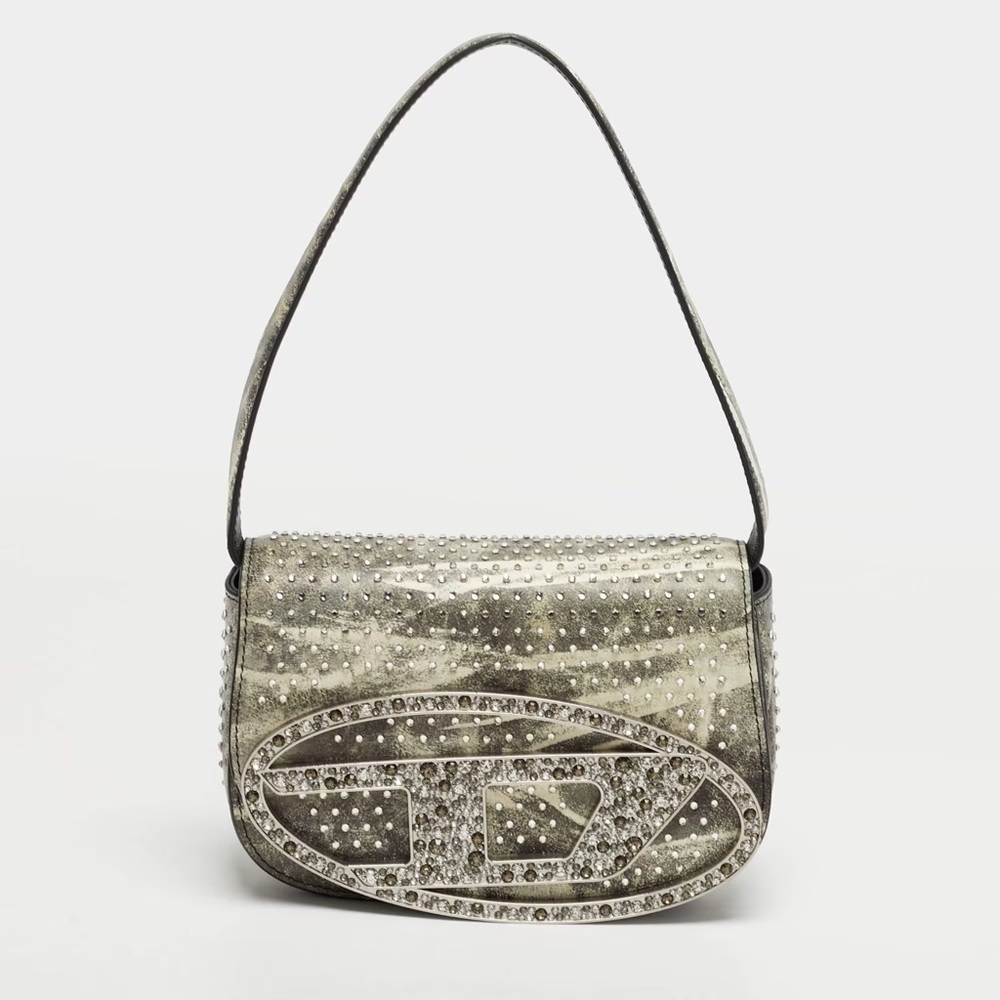 Diesel Crystal Embellished 1DR Olive Green/White Leather Shoulder Bag